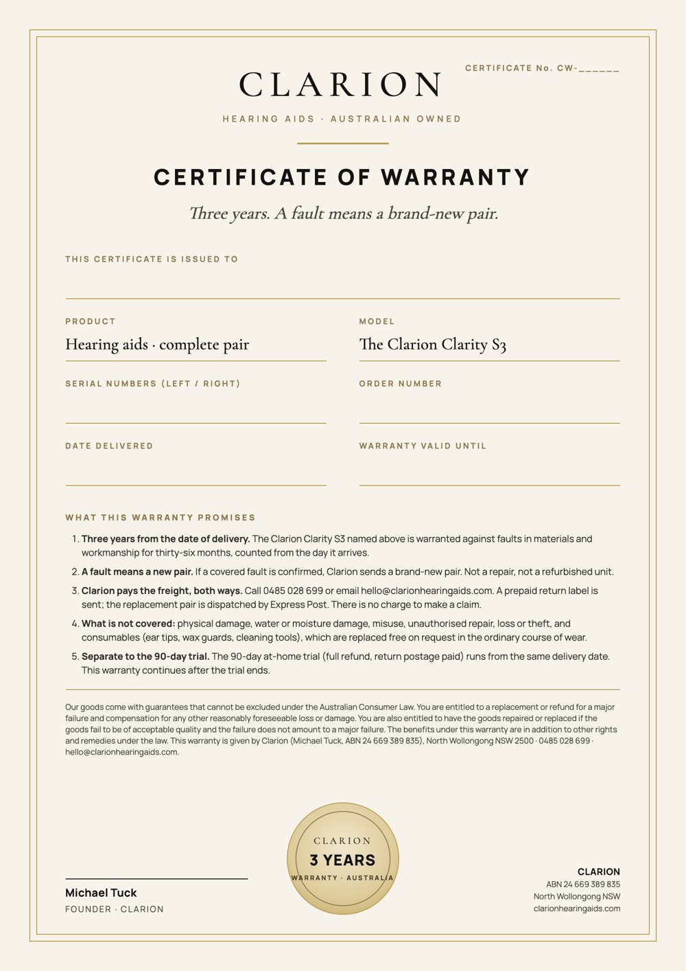 Clarion Certificate of Warranty: four years, a fault means a brand-new complete set, signed by Michael Tuck